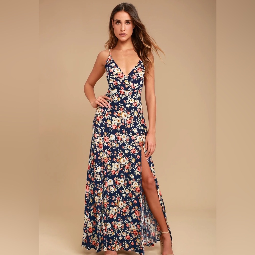 LuLus Everlasting Bliss Navy Blue Floral Print Maxi Dress
